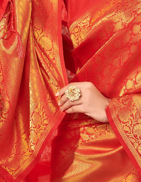 Silk Diamond Kanjivaram Silk Saree Orange and Golden
