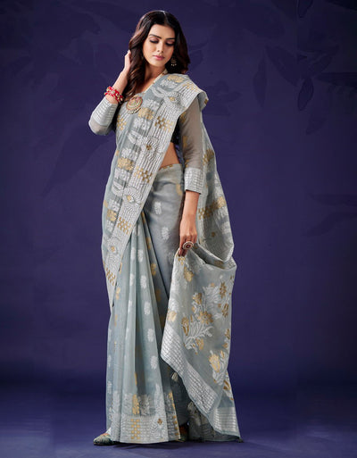Leila Cotton Saree Grey (KV/V1) – Aura Studio India