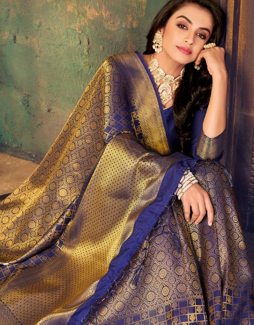 Silk Diamond Kanjivaram Silk Saree Navy Blue & Golden