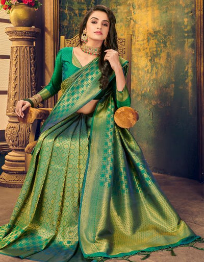 Silk Diamond Kanjivaram Silk Saree Peacock Green and Golden