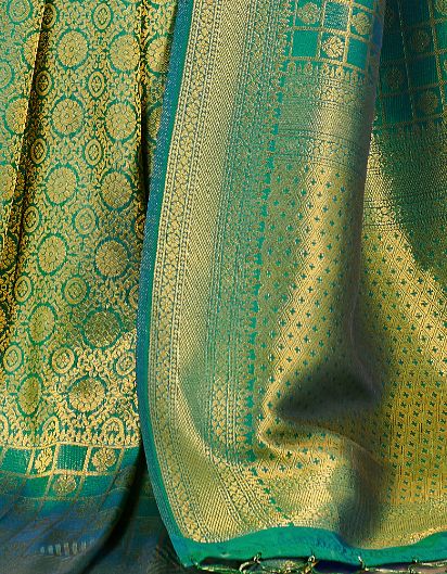 Silk Diamond Kanjivaram Silk Saree Peacock Green and Golden