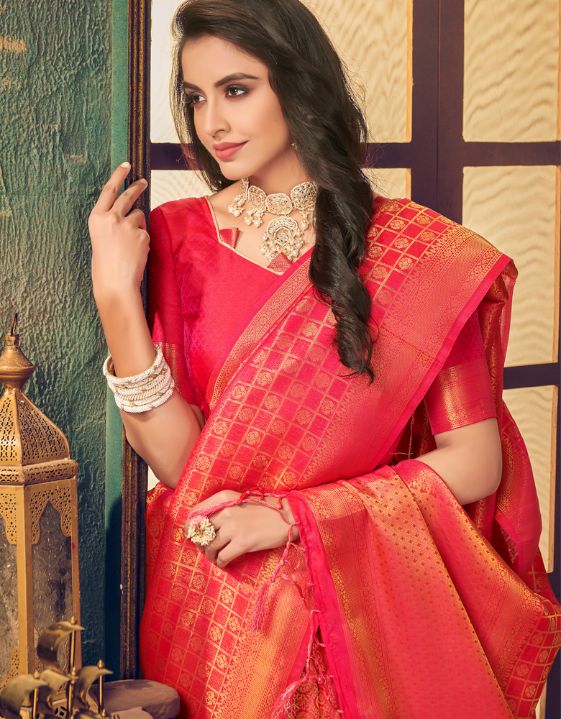 Silk Diamond Kanjivaram Silk Saree Red and Golden