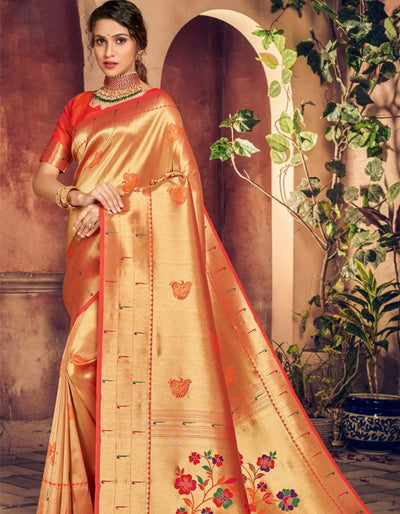 Silk Sanatan Cotton Saree Golden & Orange