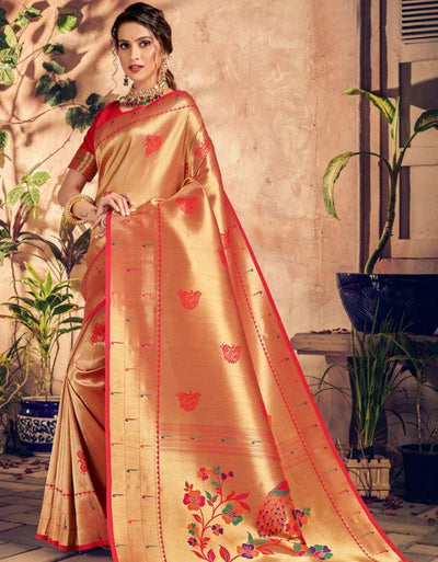 Silk Sanatan Cotton Saree Golden & Red