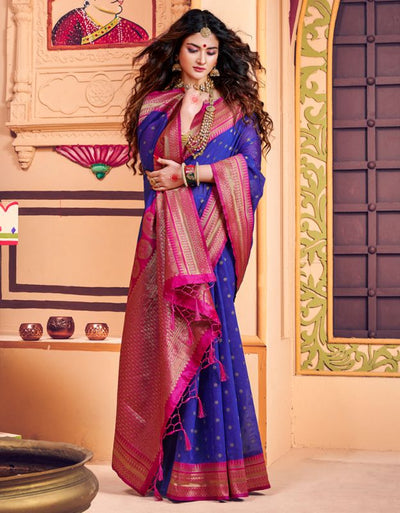 The Bengal Queen Cotton Saree Basic Blue