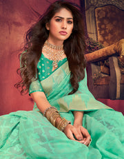 The Dream Story Banarasi Saree Turquoise Green
